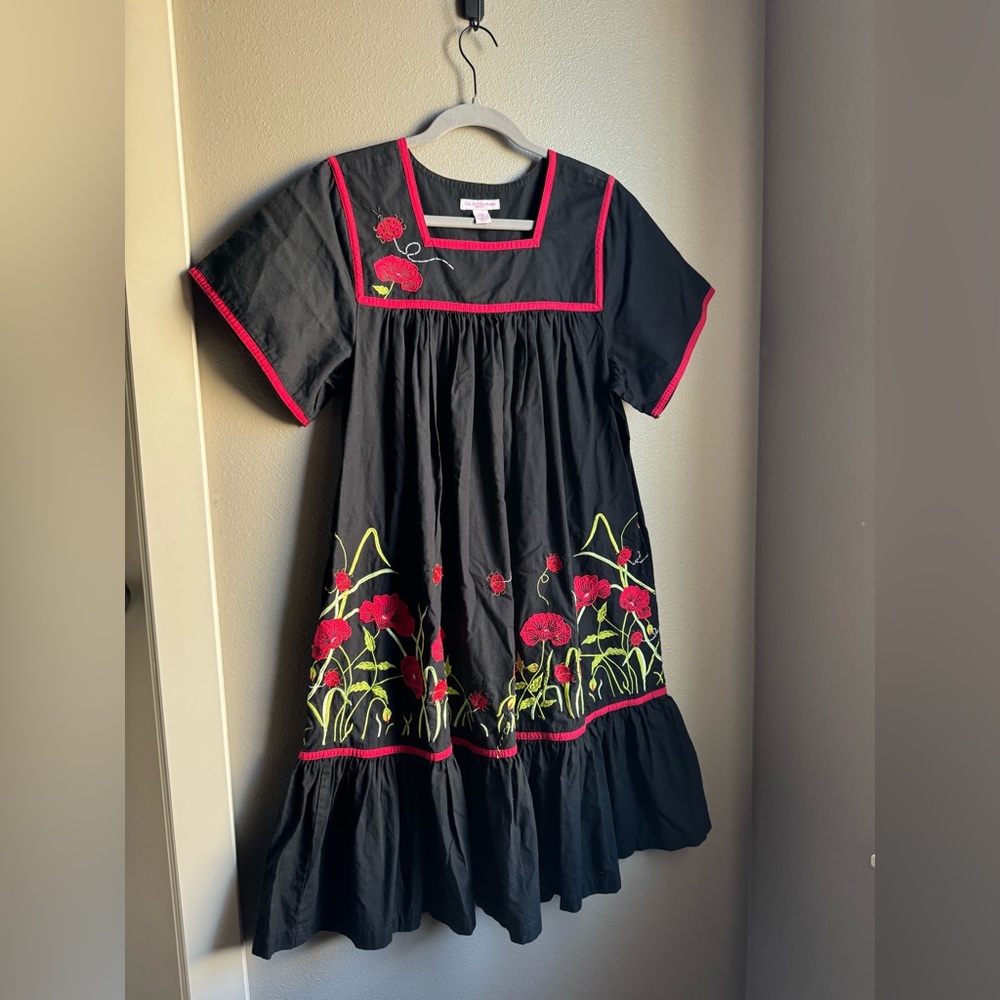 Go Softly Patio Dress With Ladybug & Flower Embroidery, Color Black, Size PM.